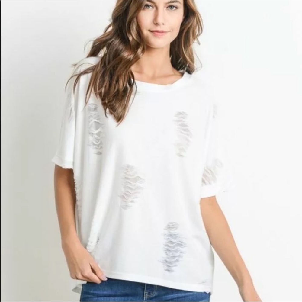Honey Punch White Distressed Short Sleeve Tee